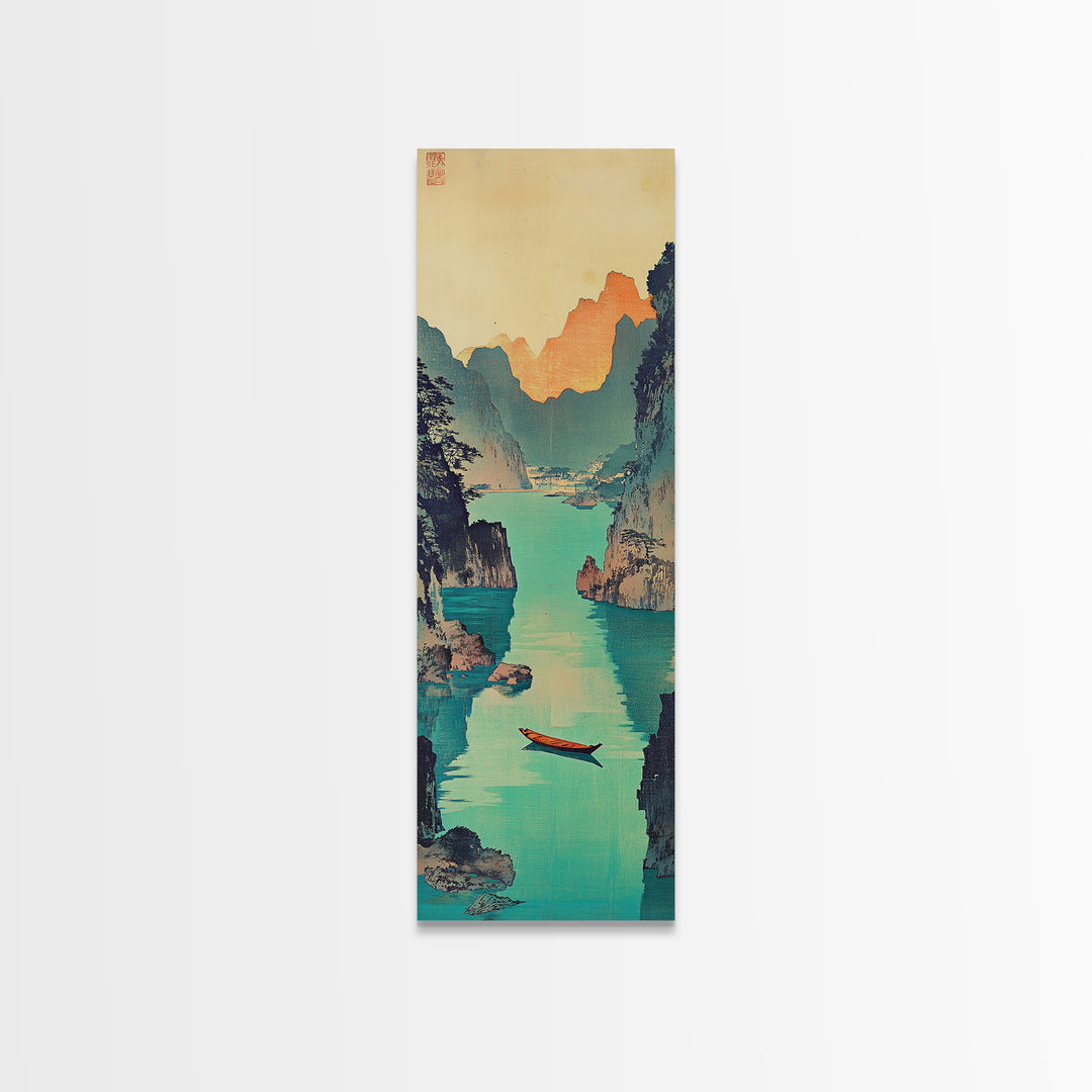 Red Boat Canyon Wall Art, Turquoise River Landscape Framed Canvas Print, Japanese Coastal Decor, Serene Nature Art For Living Room