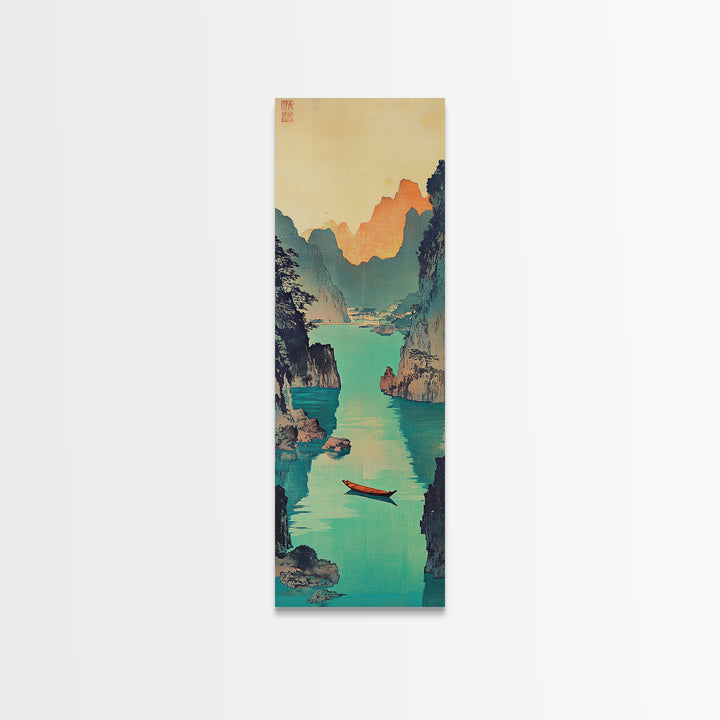 Red Boat Canyon Wall Art, Turquoise River Landscape Framed Canvas Print, Japanese Coastal Decor, Serene Nature Art For Living Room