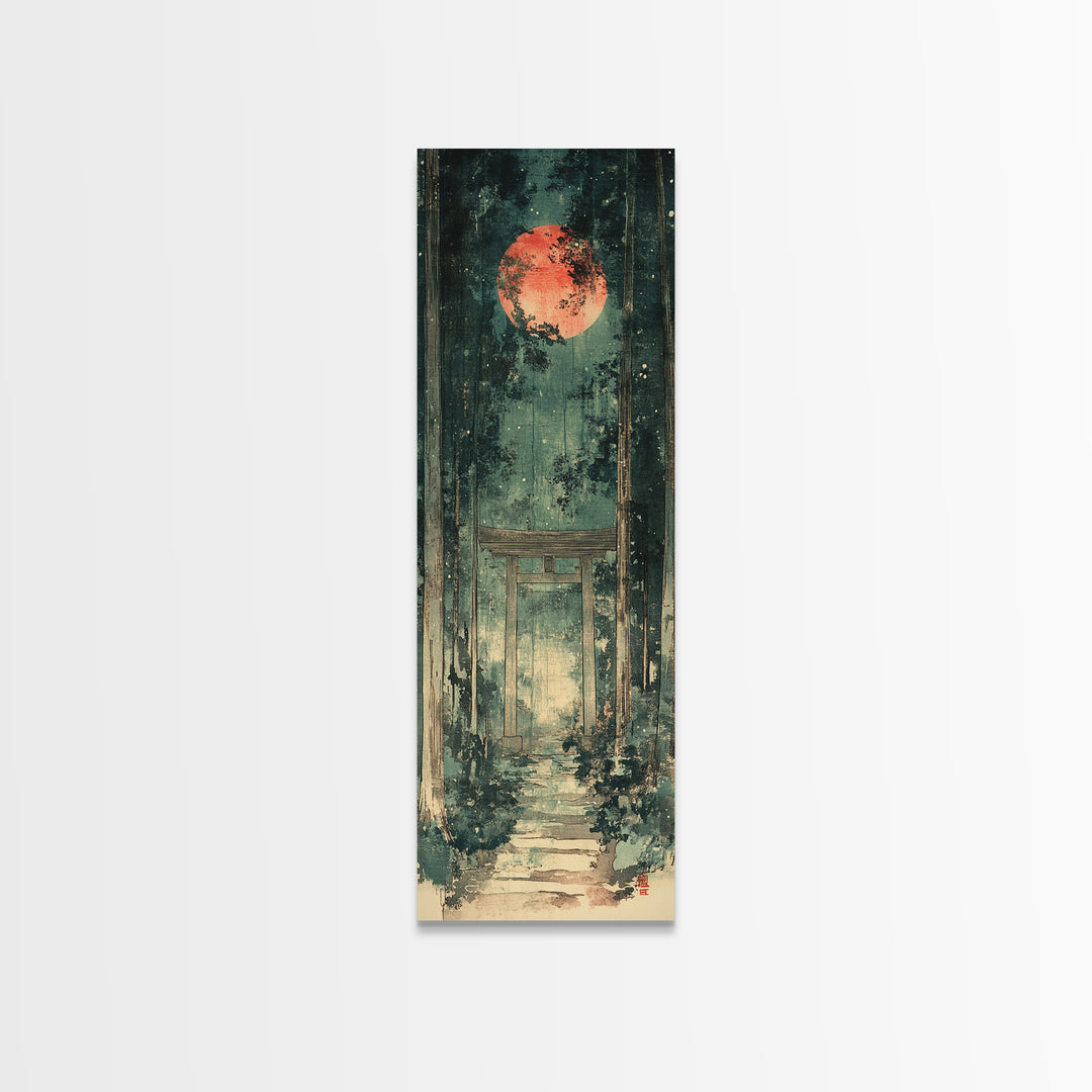 Red Moon Forest Shrine Wall Art, Mystical Torii Gate Canvas Print, Japanese Zen Decor, Dark Green Celestial Wall Art, Meditation Decor