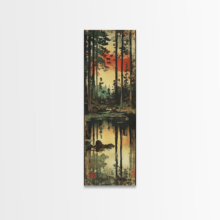 Sunset Pine Forest Wall Art, Reflective Woodland Stream Canvas Print, Rustic Cabin Decor, Moody Nature Landscape Art, Gift For Her