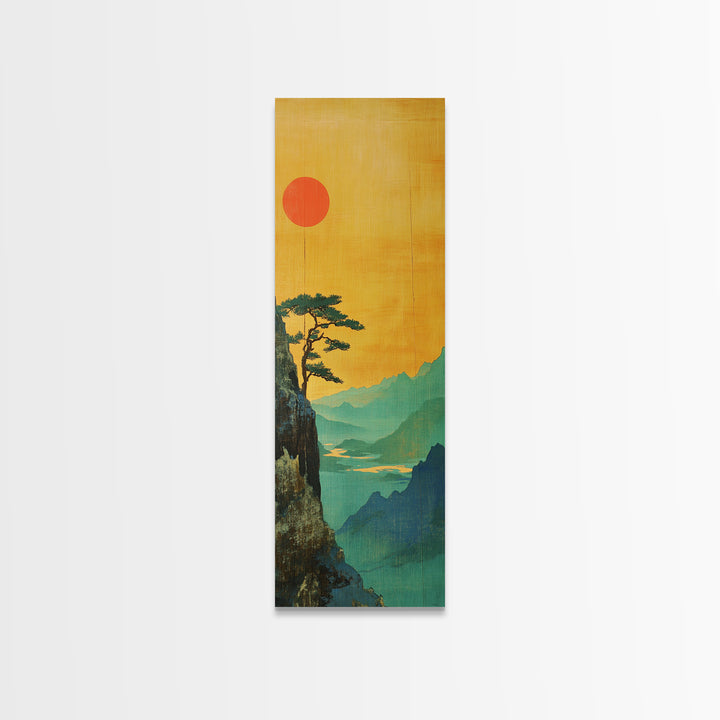 Orange Sun Cliff Pine Mountain Wall Art, Japanese Landscape Canvas Print, Japandi Home Decor, Long Narrow Wall Decor Gift
