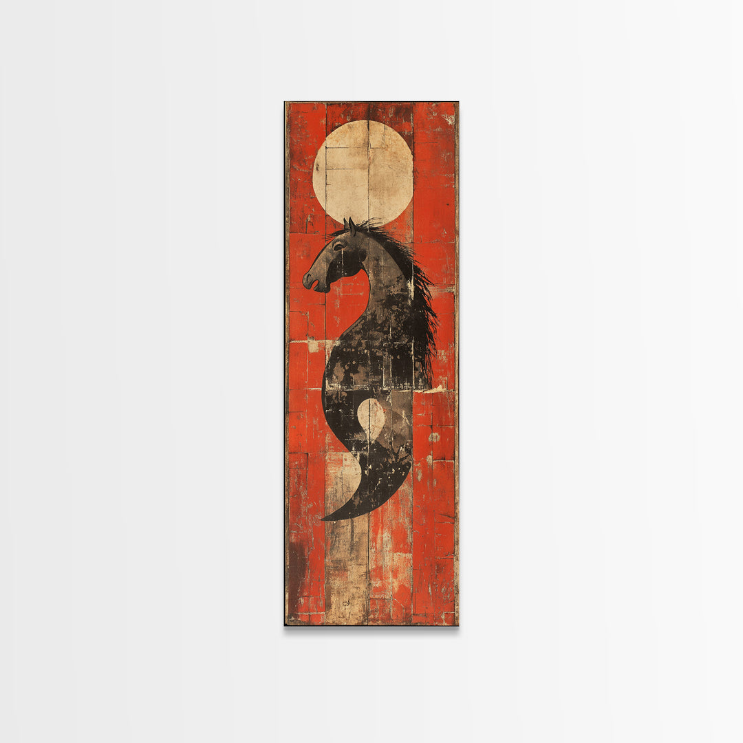 Black Horse Yin Yang Red Canvas Print, Japanese Equestrian Wall Art, Western Modern Decor, Long Narrow Wall Decor Gift For Him