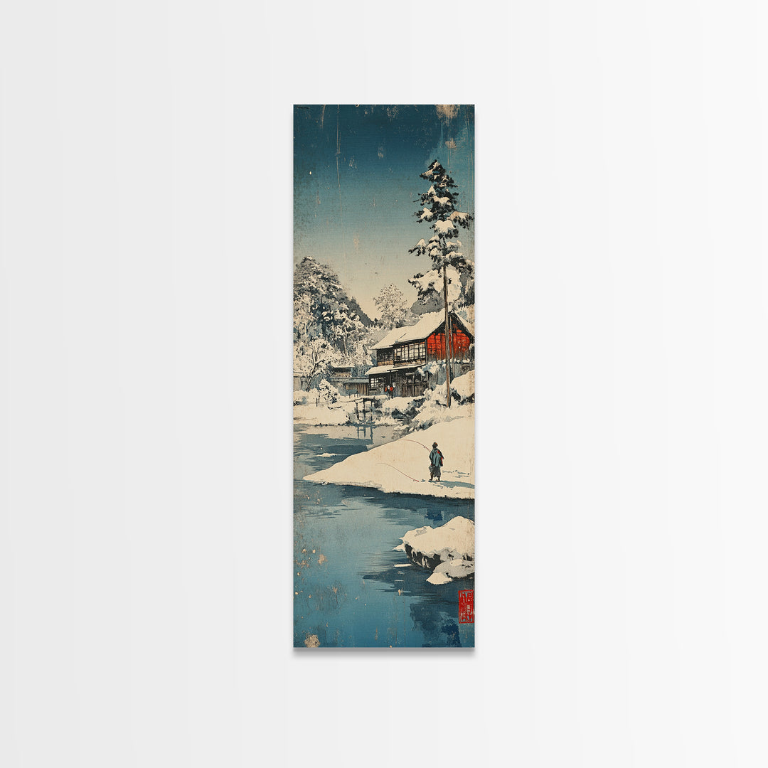 Snowy Japanese Cabin River Wall Art, Winter Landscape Canvas Print, Japandi Home Decor, Long Narrow Wall Decor Gift For Him