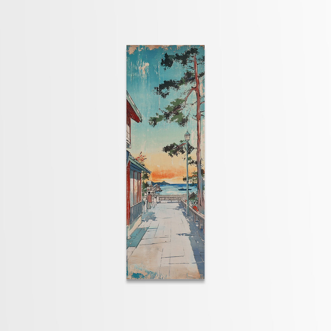 Japanese Seaside Village Sunset Wall Art, Coastal Landscape Canvas Print, Japandi Home Decor, Long Narrow Wall Decor Gift
