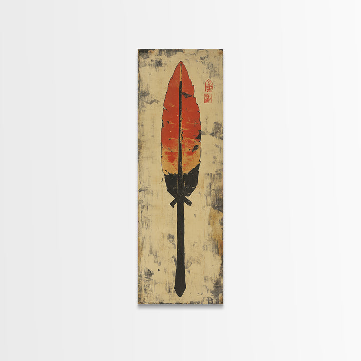 Red Feather Arrow Wall Art, Rustic Tribal Canvas Print, Southwestern Boho Decor, Indigenous Inspired Living Room Decor Gift
