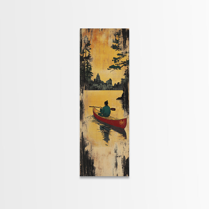 Golden Sunset Canoe Lake Wall Art, Rustic Cabin Canvas Print, Forest Landscape Decor, Peaceful Nature Art For Living Room