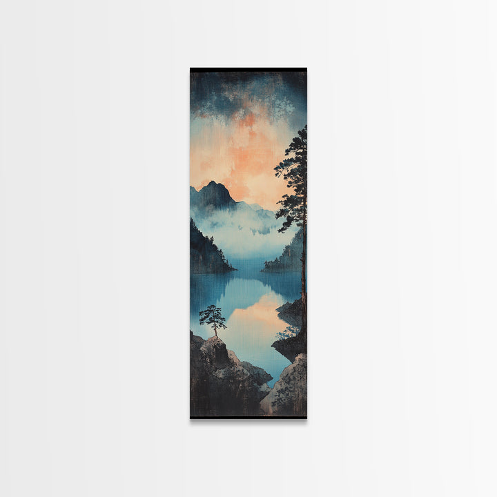 Misty Blue Mountain Lake Wall Art, Japanese Landscape Print, Serene Nature Decor, Long Narrow Canvas For Living Room Wall Decor