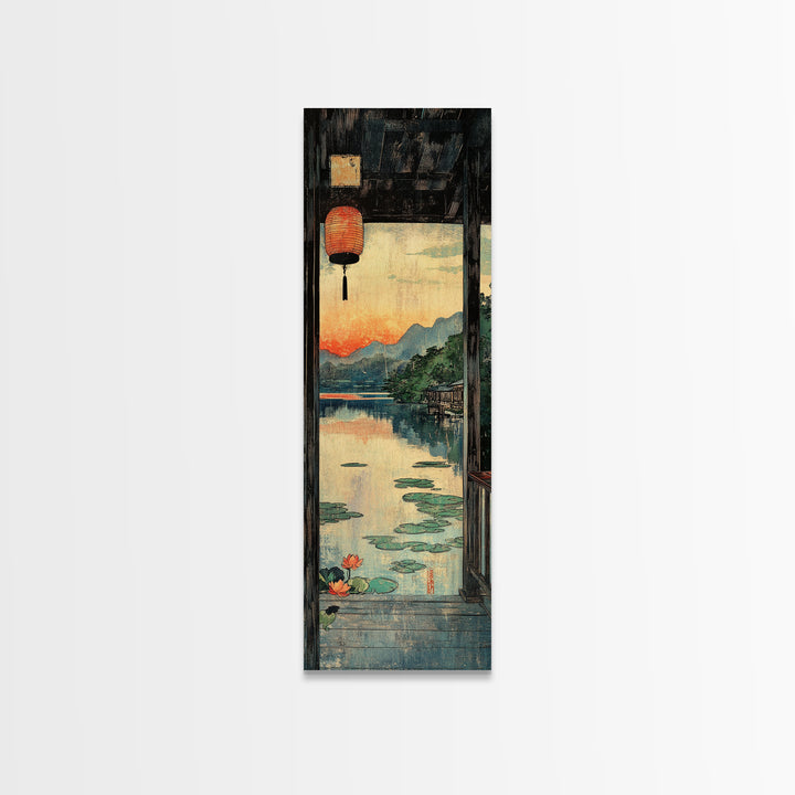 Lantern Window Over Lotus Lake Framed Canvas Print, Japanese Landscape Wall Art, Zen Home Decor, Long Narrow Asian Print
