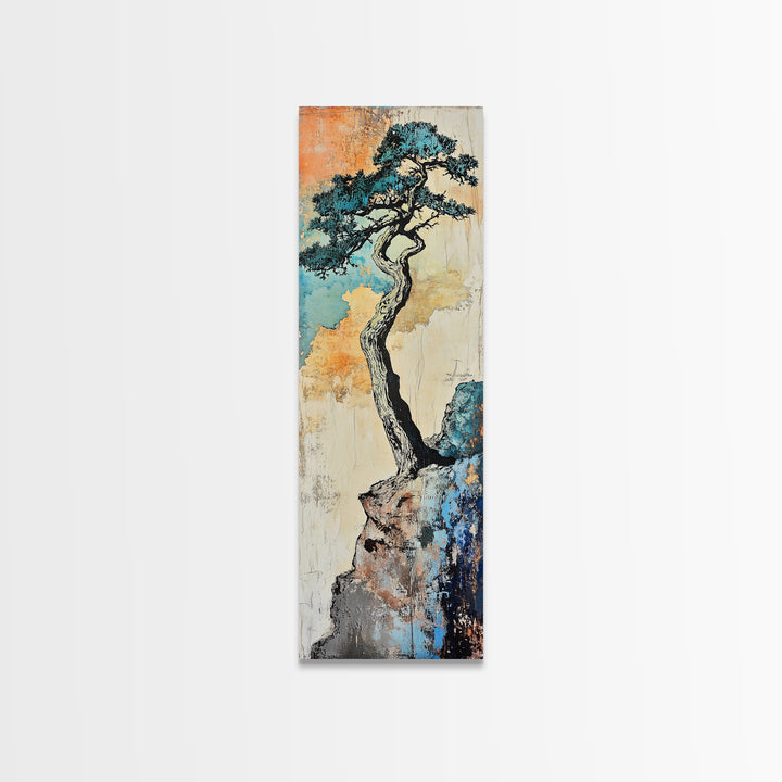 Twisted Pine Tree On Rocky Cliff Wall Art, Japanese Nature Print, Rustic Asian Decor, Long Narrow Minimalist Canvas Wall Decor