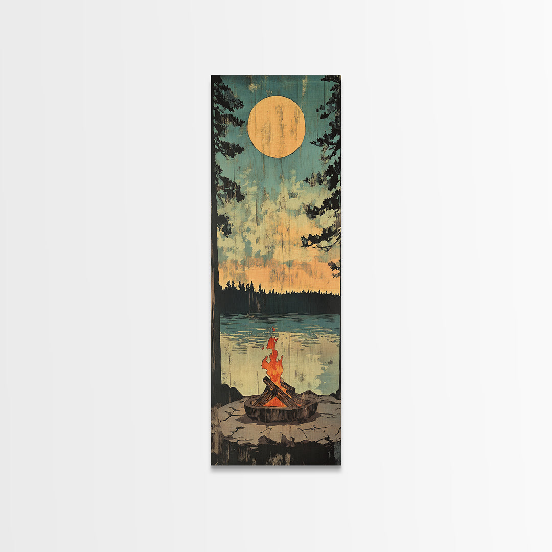 Moonlit Campfire By Quiet Lake Wall Art, Rustic Cabin Decor, Nature Landscape Print, Cozy Lodge Gift, Vertical Canvas Print, Home Decor