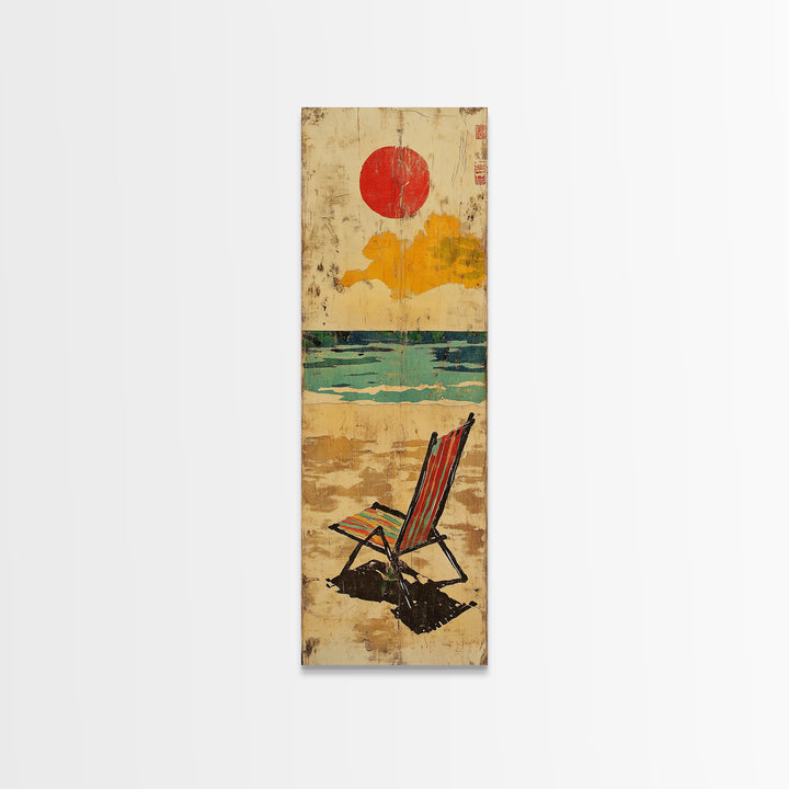 Striped Beach Chair Under Red Sun Canvas Print, Coastal Wall Art, Beach House Decor, Summer Ocean Print, Gift For Her, Home Decor