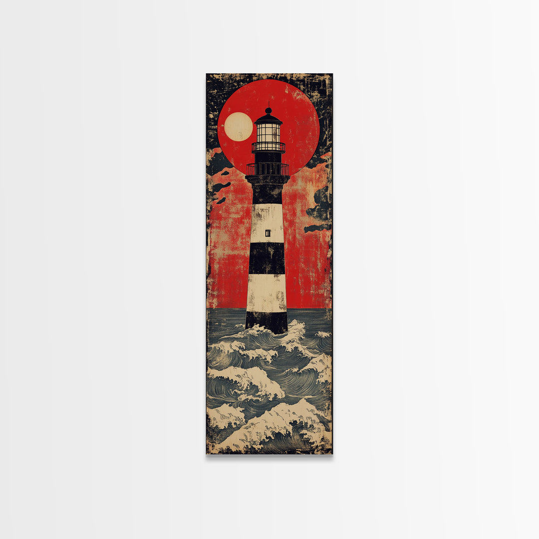Striped Lighthouse Beneath Red Sun Wall Art, Nautical Canvas Print, Ocean Wall Decor, Coastal Home Decor, Statement Gift