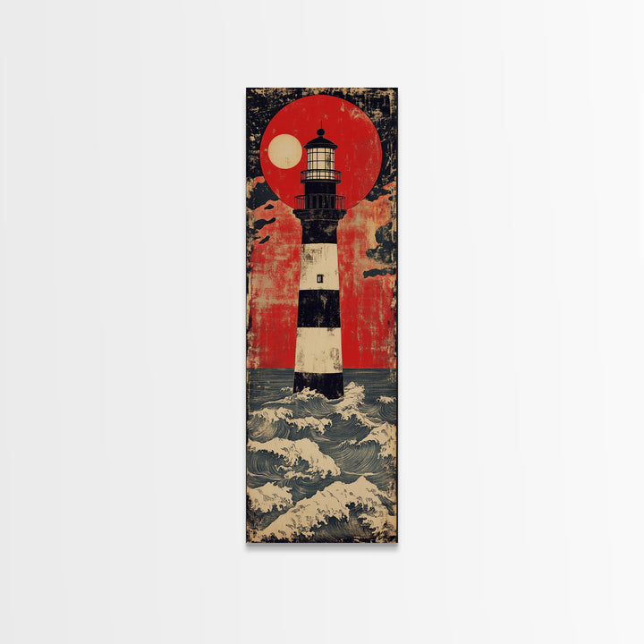 Striped Lighthouse Beneath Red Sun Wall Art, Nautical Canvas Print, Ocean Wall Decor, Coastal Home Decor, Statement Gift