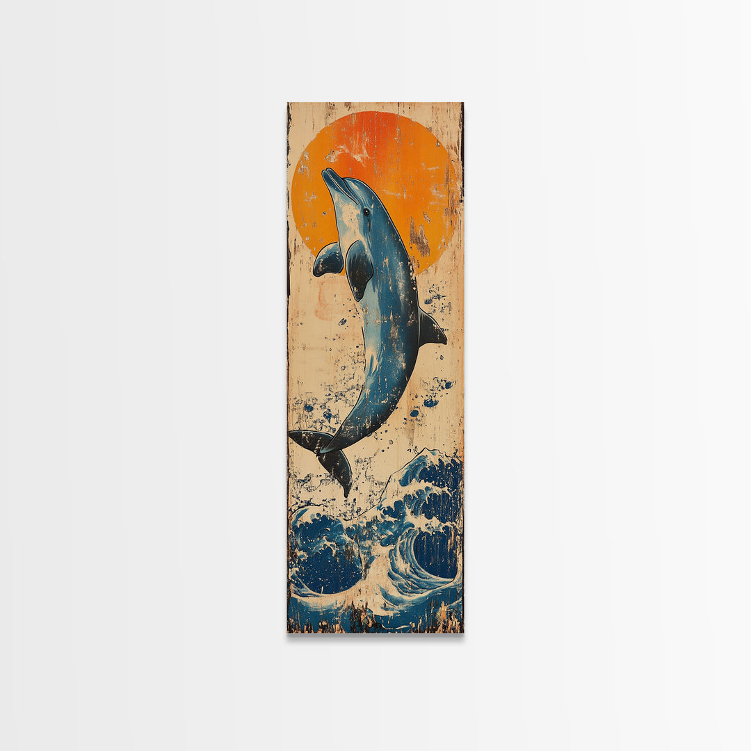 Jumping Dolphin Ocean Wall Art, Japanese Wave Canvas Print, Coastal Beach Decor, Orange Sun Nautical Art Print, Gift For Her
