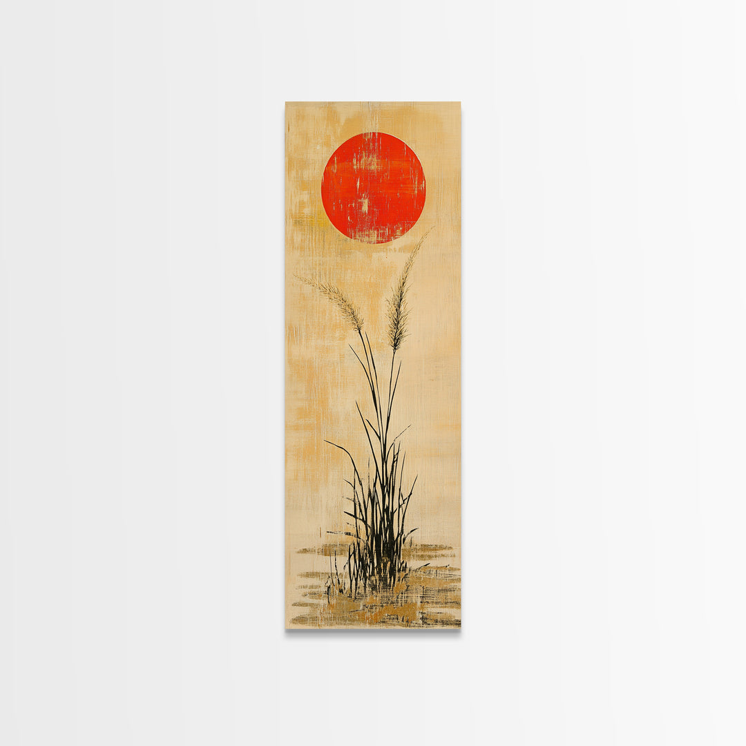 Red Sun Grass Minimalist Wall Art, Japanese Landscape Canvas Print, Wabi Sabi Decor, Neutral Wall Decor, Zen Home Decor Print