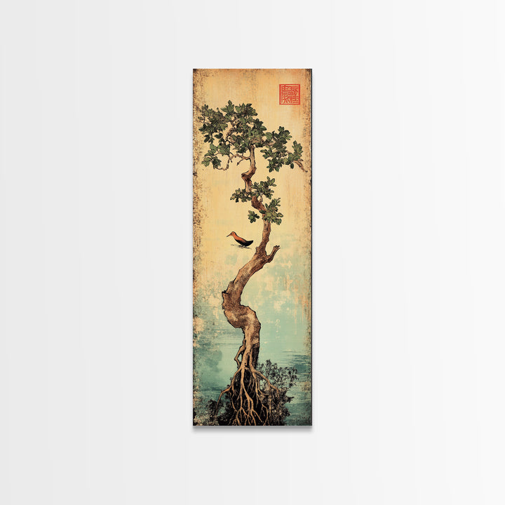 Bonsai Tree With Exposed Roots Wall Art, Japanese Botanical Canvas Print, Zen Nature Decor, Bird Wall Art, Wabi Sabi Decor