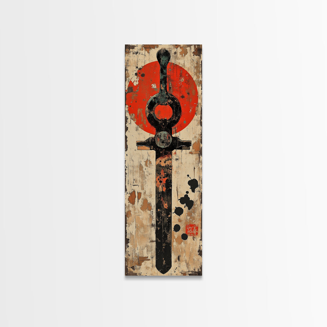 Rustic Samurai Sword With Red Sun Canvas Print, Japanese Wall Art, Martial Arts Decor, Masculine Office Wall Decor, Gift For Him