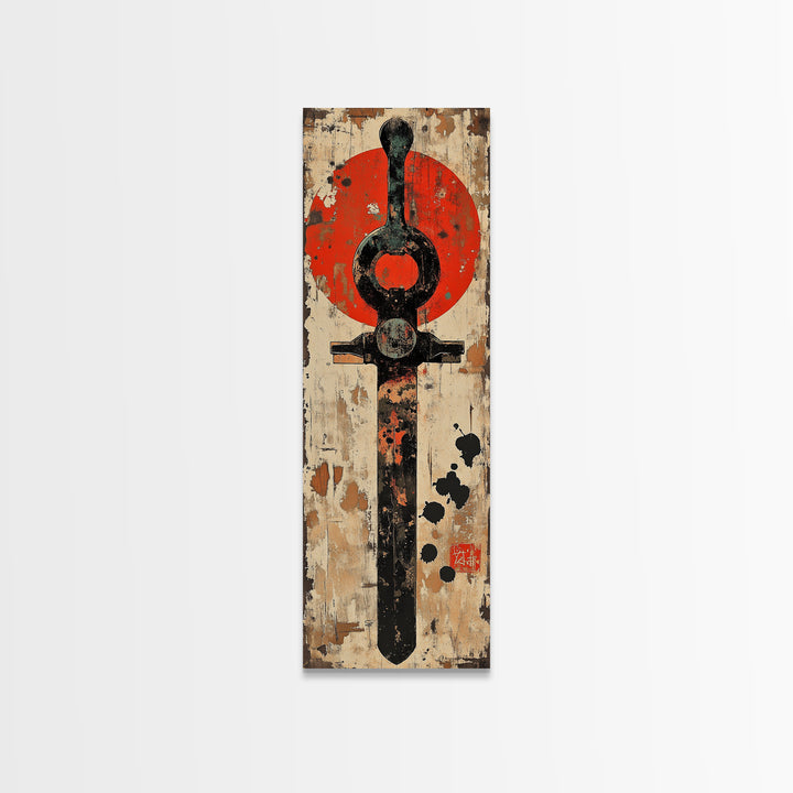Rustic Samurai Sword With Red Sun Canvas Print, Japanese Wall Art, Martial Arts Decor, Masculine Office Wall Decor, Gift For Him
