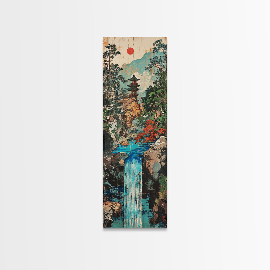 Pagoda Waterfall In Misty Mountain Forest Framed Canvas Print, Japanese Wall Art, Zen Decor, Japandi Landscape, Living Room Art