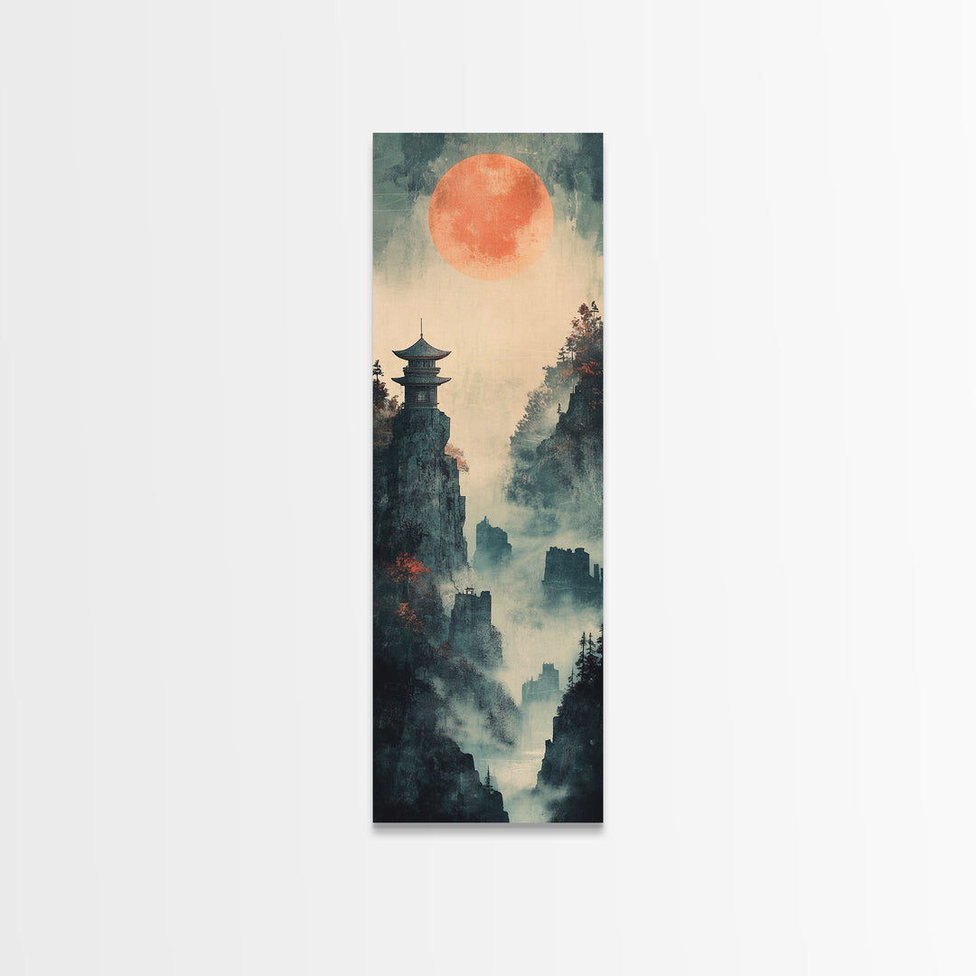 Misty Pagoda Cliffs Under Coral Moon Framed Canvas Print, Japanese Wall Art, Zen Landscape Decor, Moody Wall Decor, Gift For Her