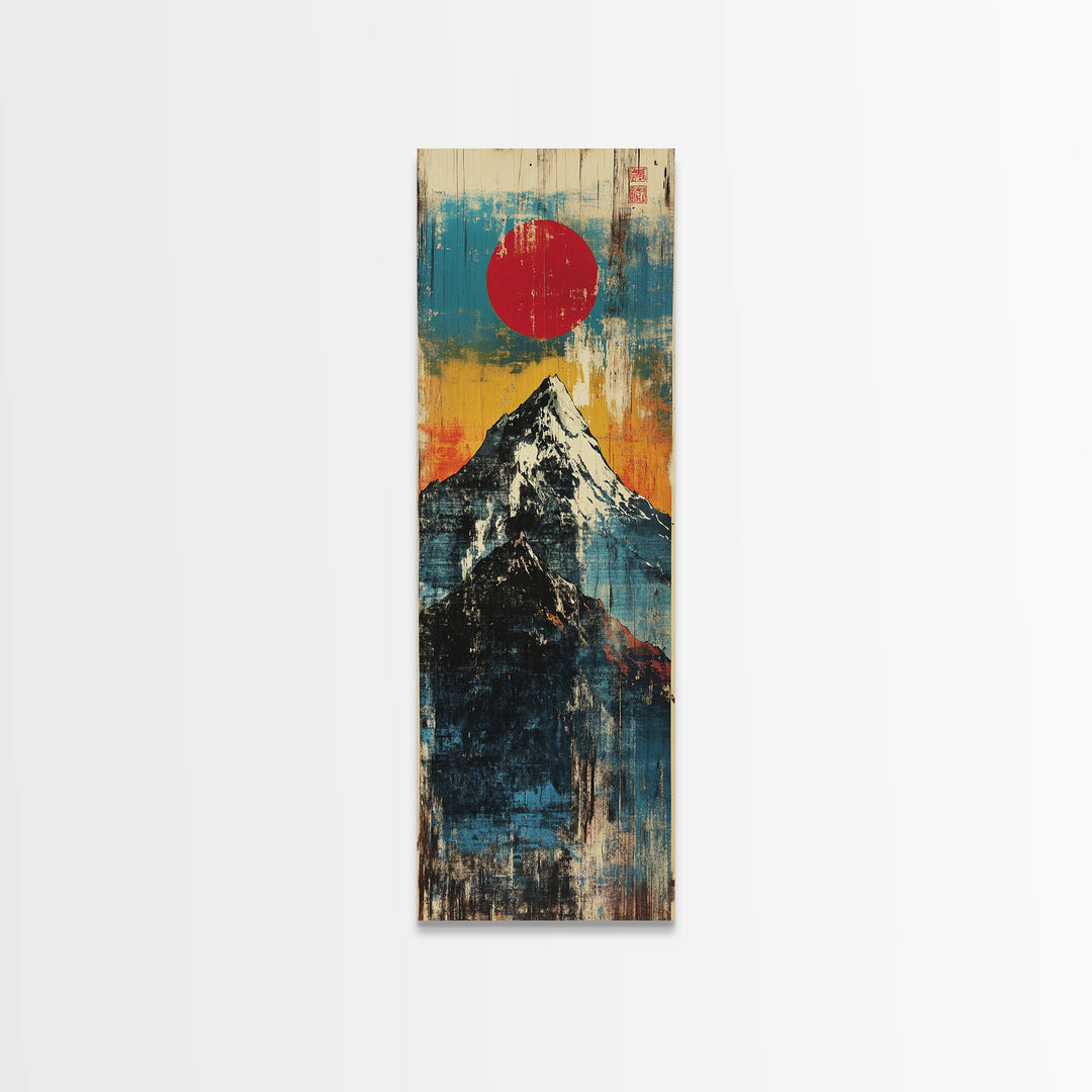 Red Sun Snowy Fuji Mountain Wall Art, Japanese Woodblock Landscape Print, Blue Abstract Canvas For Modern Japandi Decor Gift