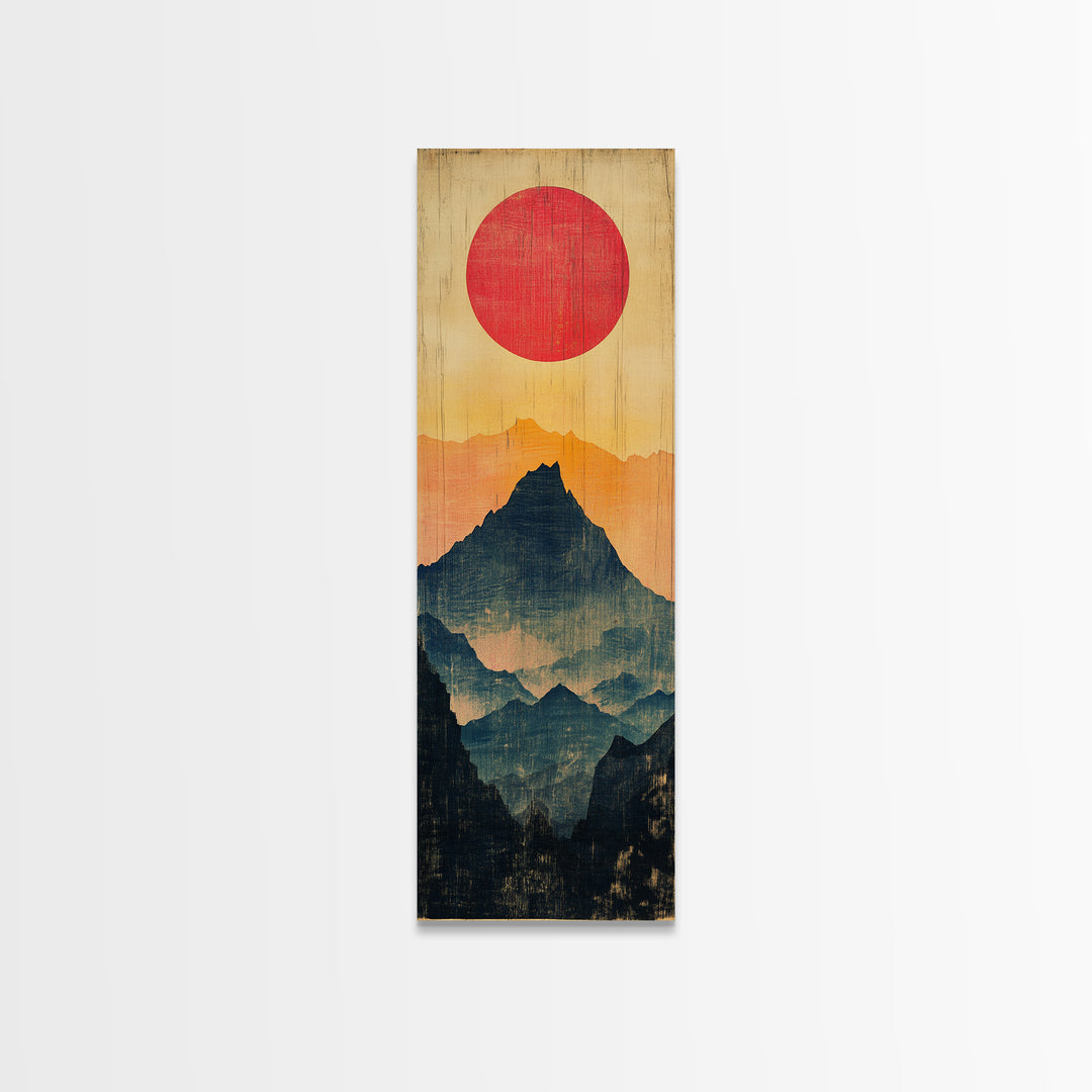 Red Sun Layered Mountain Silhouette Wall Art, Minimalist Japanese Landscape Print, Tall Narrow Canvas For Zen Home Decor