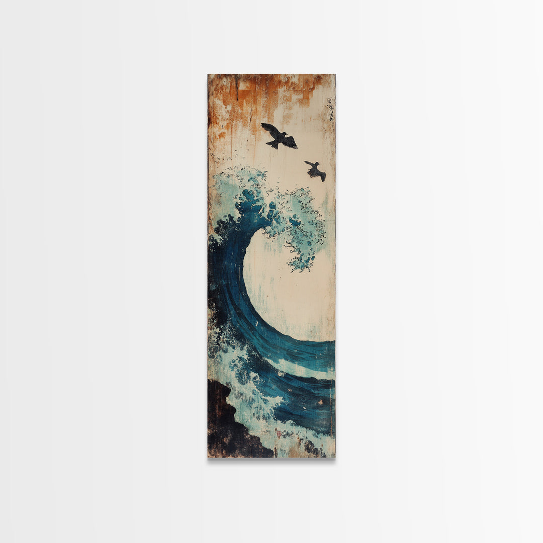 Teal Ocean Wave With Flying Birds Wall Art, Japanese Coastal Print For Bathroom Decor, Beach House Decor, And Gallery Wall