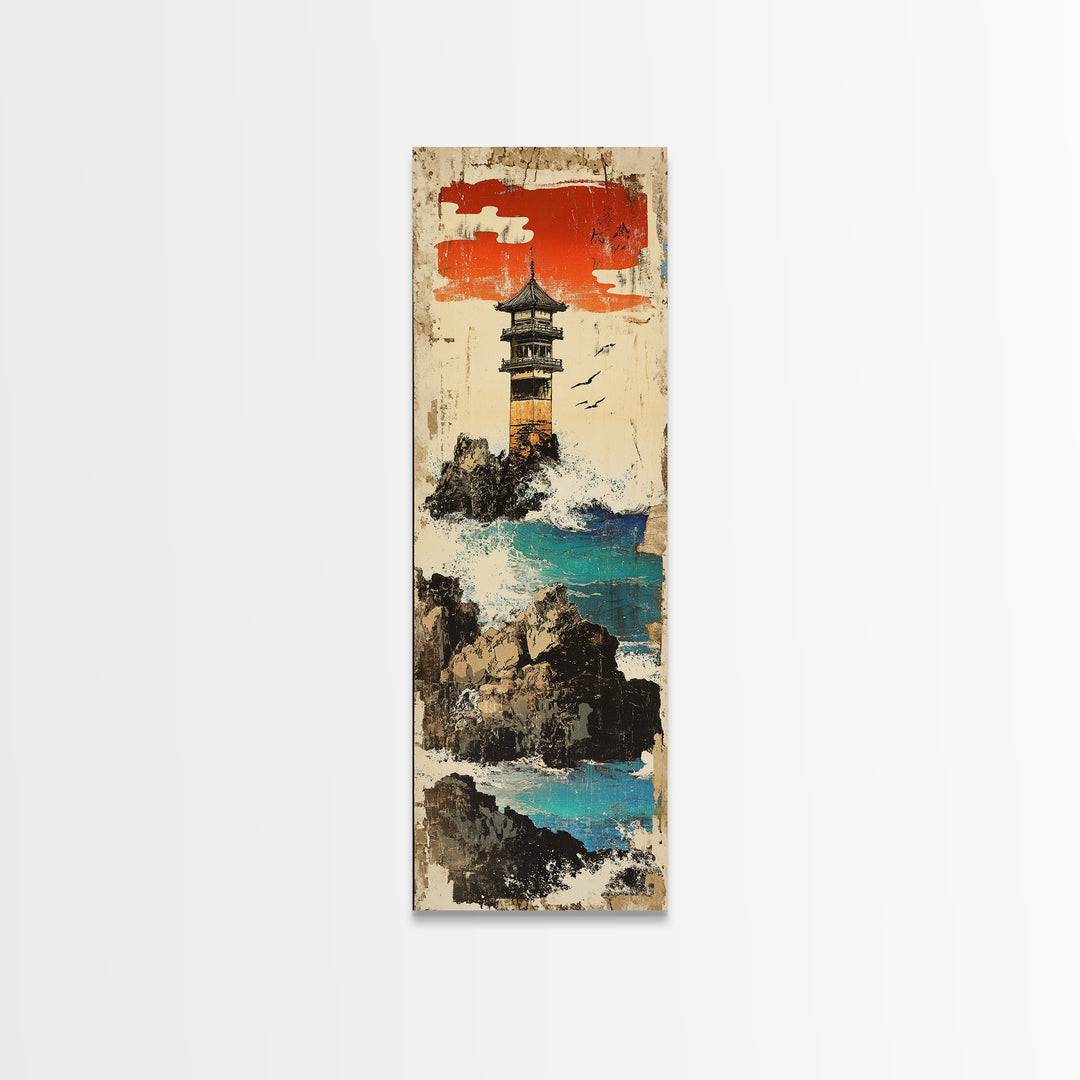 Cliffside Lighthouse Turquoise Sea Wall Art, Japanese Coastal Landscape Print For Beach House Decor And Nautical Office Decor