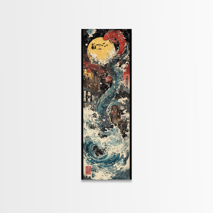Red Dragon Moon And Crashing Waves Wall Art, Japanese Fantasy Sea Monster Canvas Print, Ukiyo E Ocean Decor Gift For Living Room