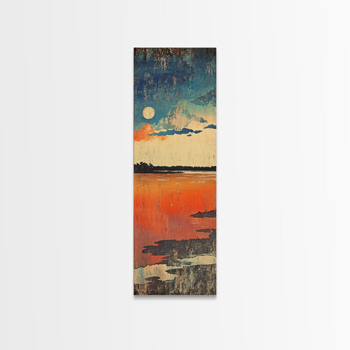 Full Moon Over Orange Lake Wall Art, Moody Abstract Landscape Canvas Print, Minimalist Nature Decor For Bedroom Living Room