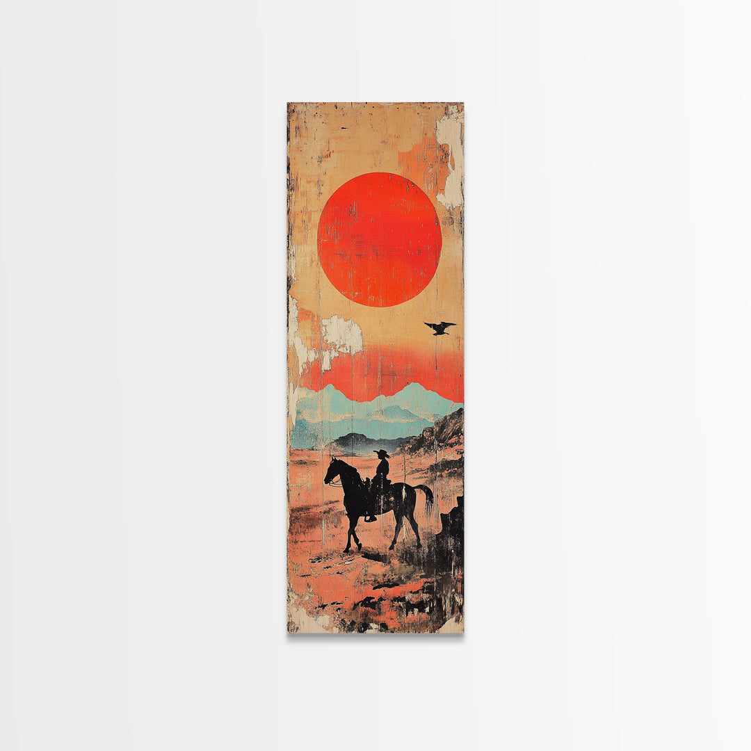 Horse Rider Under Red Sun Wall Art, Western Desert Landscape Canvas Print, Japanese Inspired Southwestern Living Room Home Decor