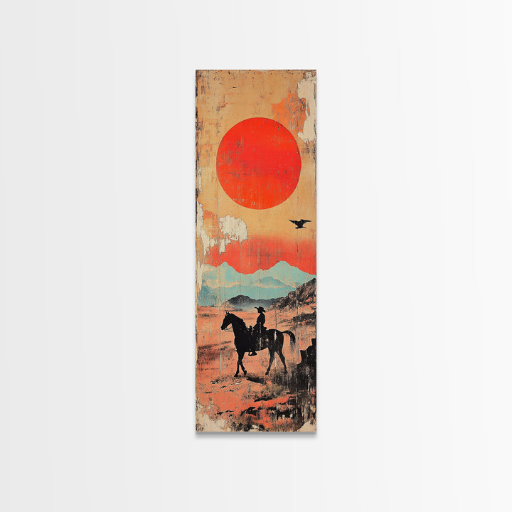 Horse Rider Under Red Sun Wall Art, Western Desert Landscape Canvas Print, Japanese Inspired Southwestern Living Room Home Decor