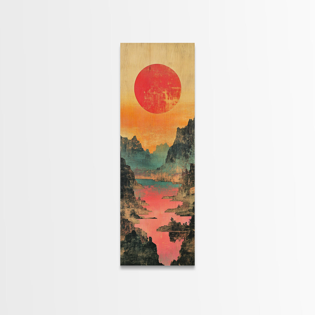 Red Sun Mountain River Valley Wall Art, Japanese Inspired Landscape Canvas Print, Teal Coral Nature Decor For Living Room