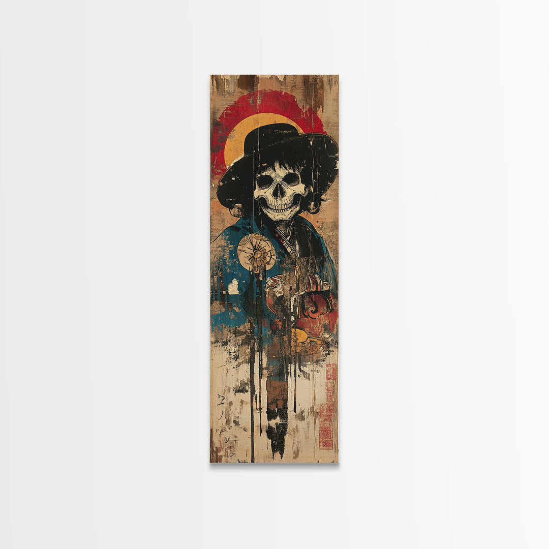 Skeleton Samurai With Red Halo Wall Art, Japanese Gothic Canvas Print, Dark Academia Decor, Macabre Warrior Gift For Him