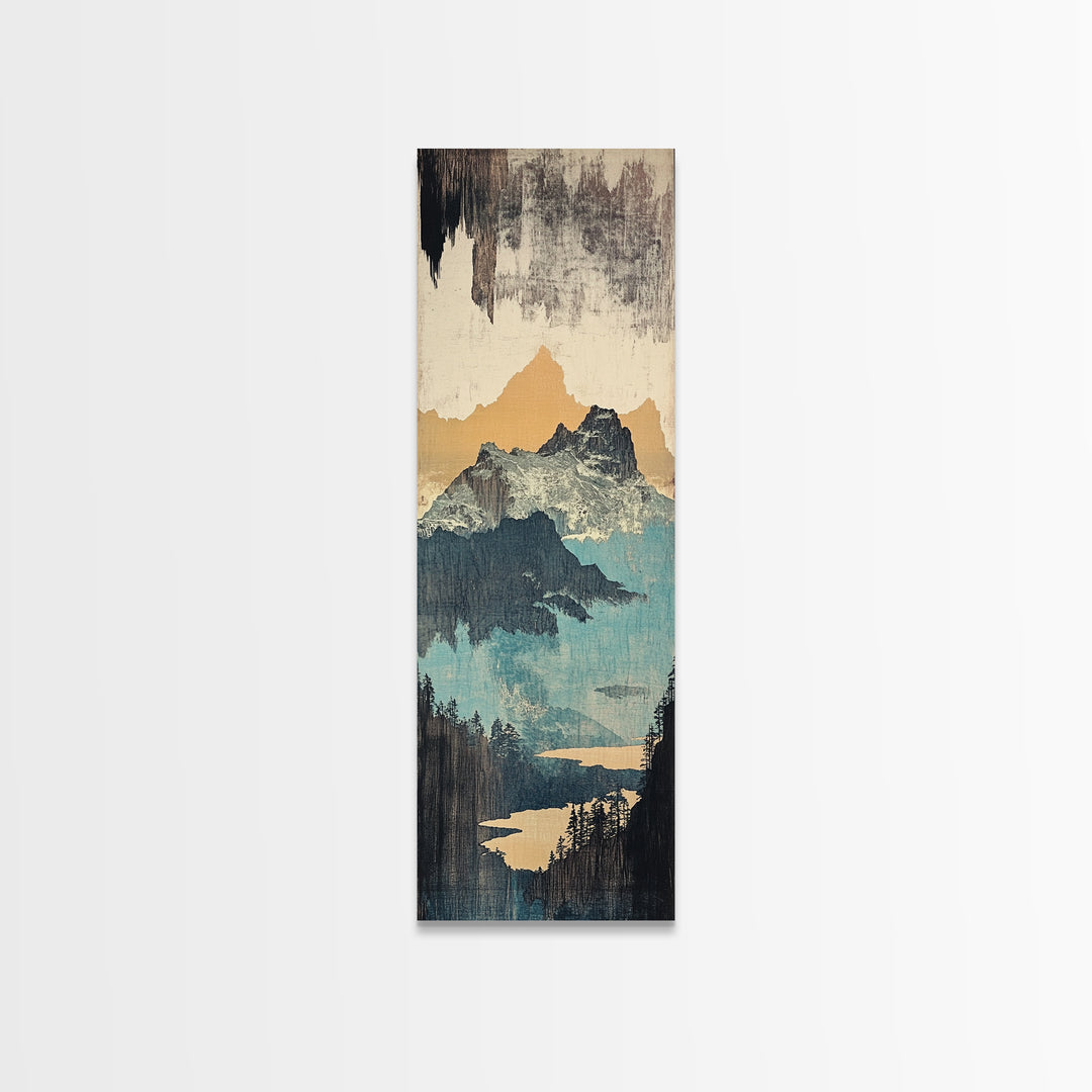 Misty Mountain Lake And Pines Wall Art, Japanese Landscape Canvas Print, Neutral Nature Decor, Large Vertical Art For Cabin