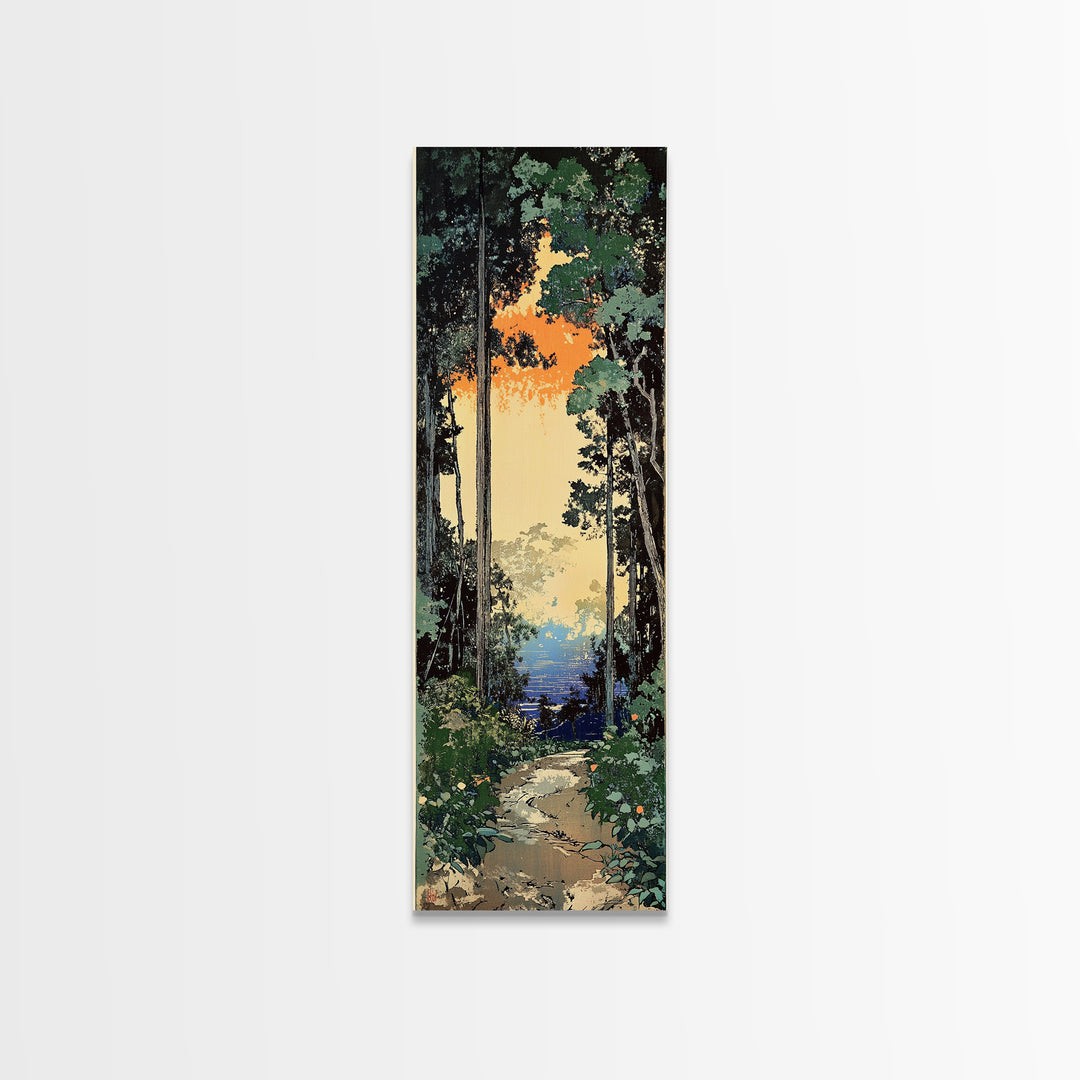 Sunlit Forest Path To Blue Water Wall Art, Japanese Nature Canvas Print, Green Woodland Decor, Calming Landscape Gift Idea