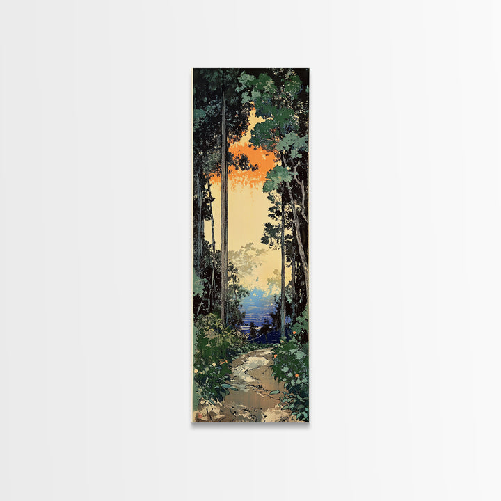 Sunlit Forest Path To Blue Water Wall Art, Japanese Nature Canvas Print, Green Woodland Decor, Calming Landscape Gift Idea