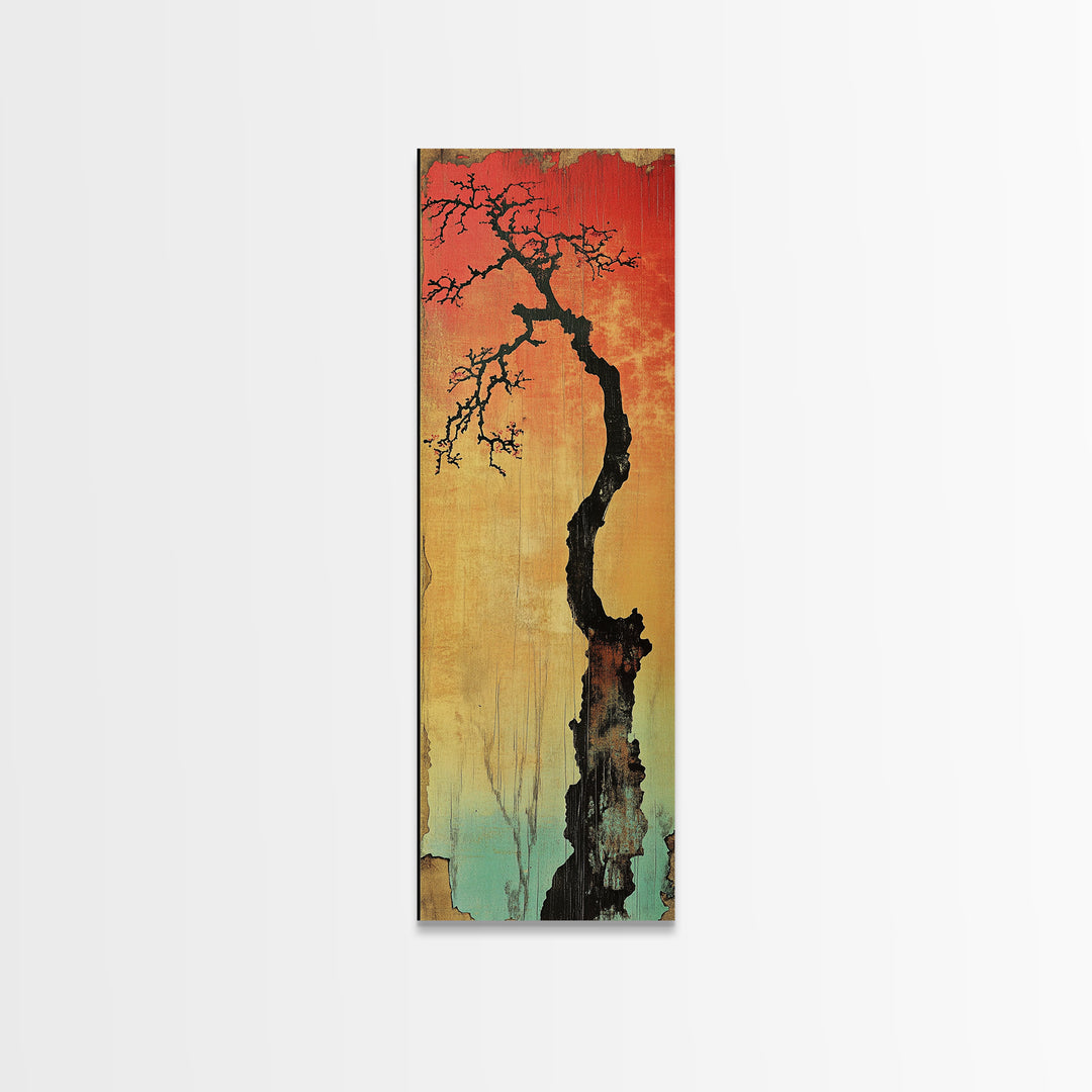 Lone Twisted Tree At Red Sunset Wall Art, Japanese Landscape Canvas Print, Moody Nature Decor, Minimalist Rustic Art For Cabin