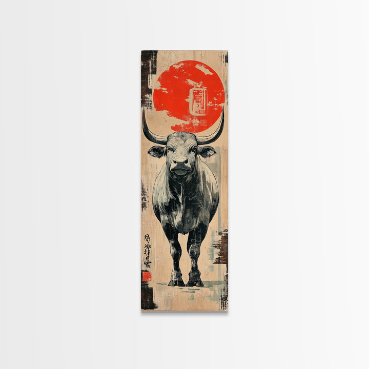 White Bull Beneath Rising Red Sun Wall Art, Japanese Animal Canvas Print, Rustic Farmhouse Decor, Bold Western Gift For Him