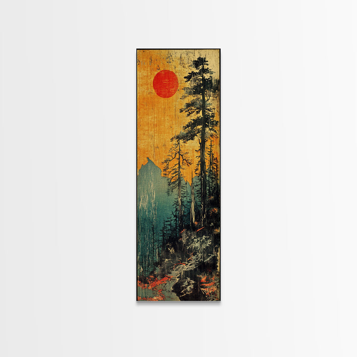Tall Pines And Red Sun Mountain Wall Art, Japanese Forest Canvas Print, Rustic Cabin Decor, Nature Lover Gift For Home Decor