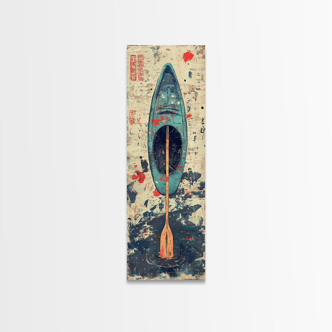 Blue Kayak Paddle On Ocean Waves Wall Art, Japanese Coastal Canvas Print, Nautical Decor, Beach House Decor Gift For Her