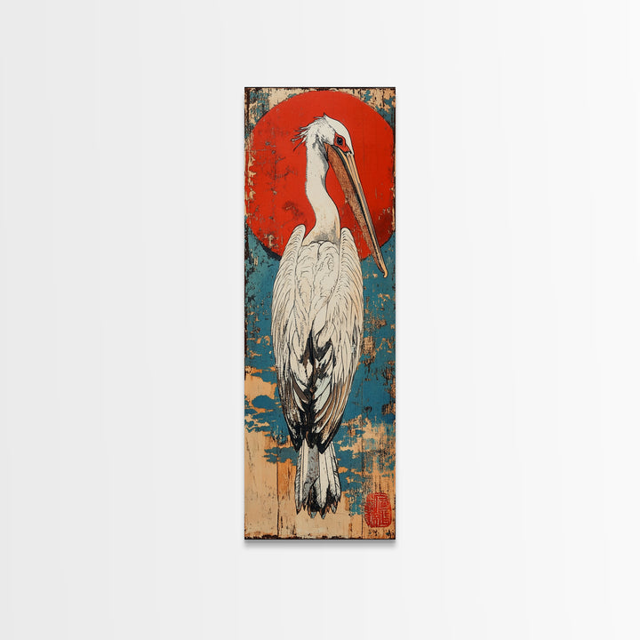 White Pelican Wall Art, Japanese Red Sun Bird Print, Coastal Wildlife Art, Asian Inspired Decor, Nautical Framed Canvas Print