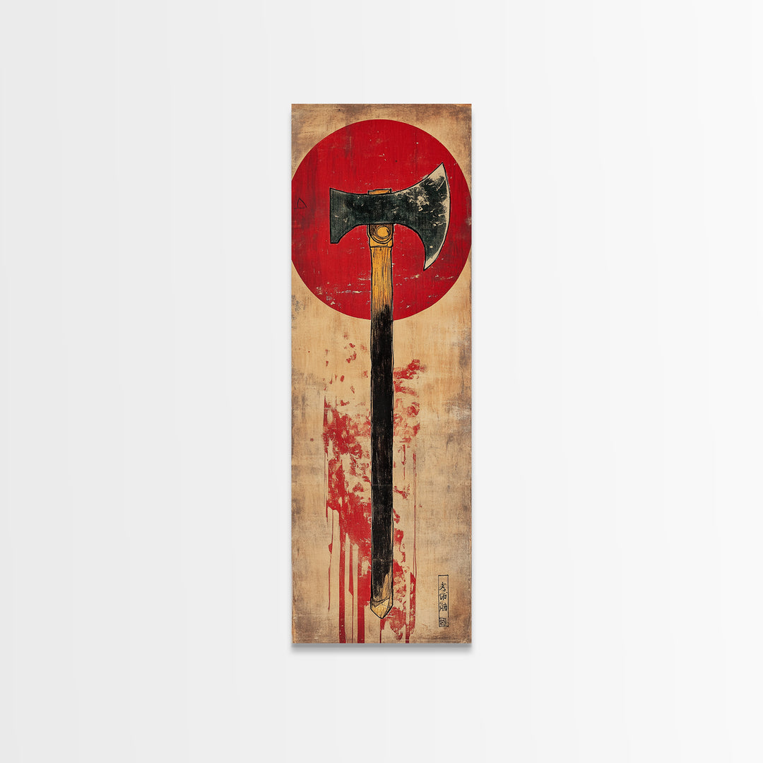 Rustic Axe Wall Art, Japanese Red Sun Tool Print, Samurai Inspired Decor, Masculine Office Decor, Framed Canvas Print, Gift For Him