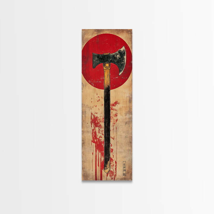Rustic Axe Wall Art, Japanese Red Sun Tool Print, Samurai Inspired Decor, Masculine Office Decor, Framed Canvas Print, Gift For Him