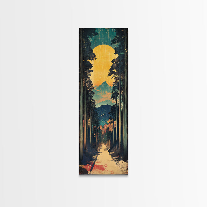 Sunlit Forest Path And Mountain View Framed Canvas Print, Japanese Wall Art, Japandi Nature Decor, Tall Narrow Landscape