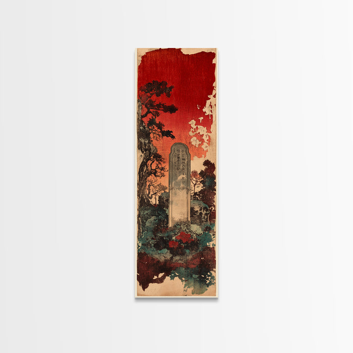 Ancient Stone Grave Under Crimson Sky Canvas Print, Gothic Japanese Wall Art, Dark Academia Decor, Moody Cemetery Artwork