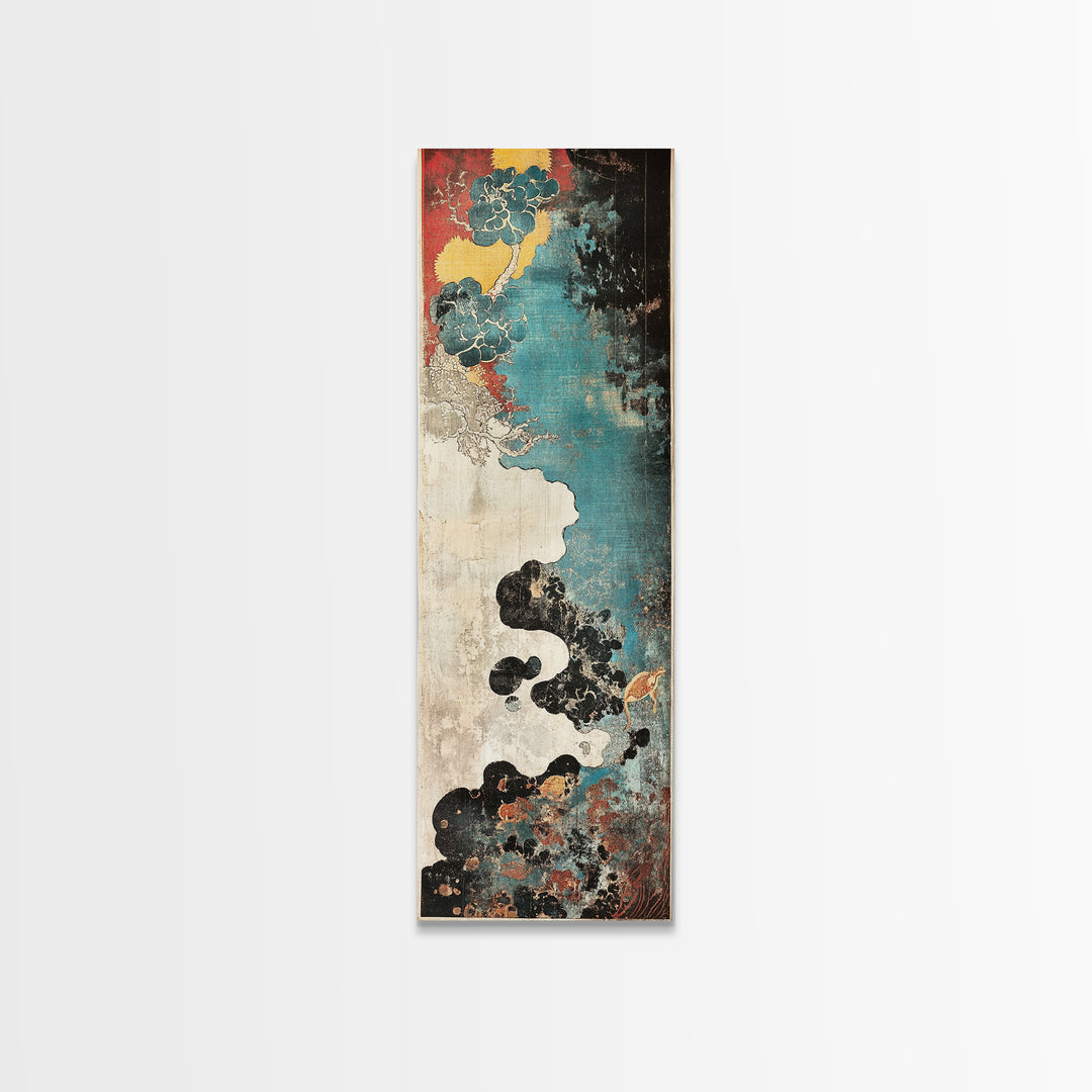 Turquoise Cloudscape With Red Moon Wall Art, Abstract Japanese Canvas Print, Moody Coastal Decor, Teal Black Statement Art