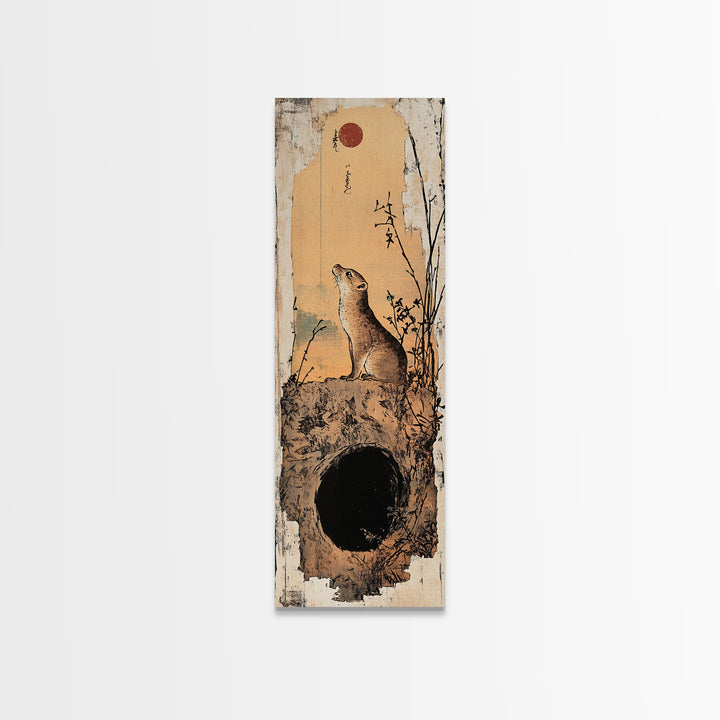 Prairie Dog At Burrow Under Red Moon Canvas Print, Whimsical Animal Wall Art, Japanese Nature Decor, Nursery Art Print, Kids Room Decor