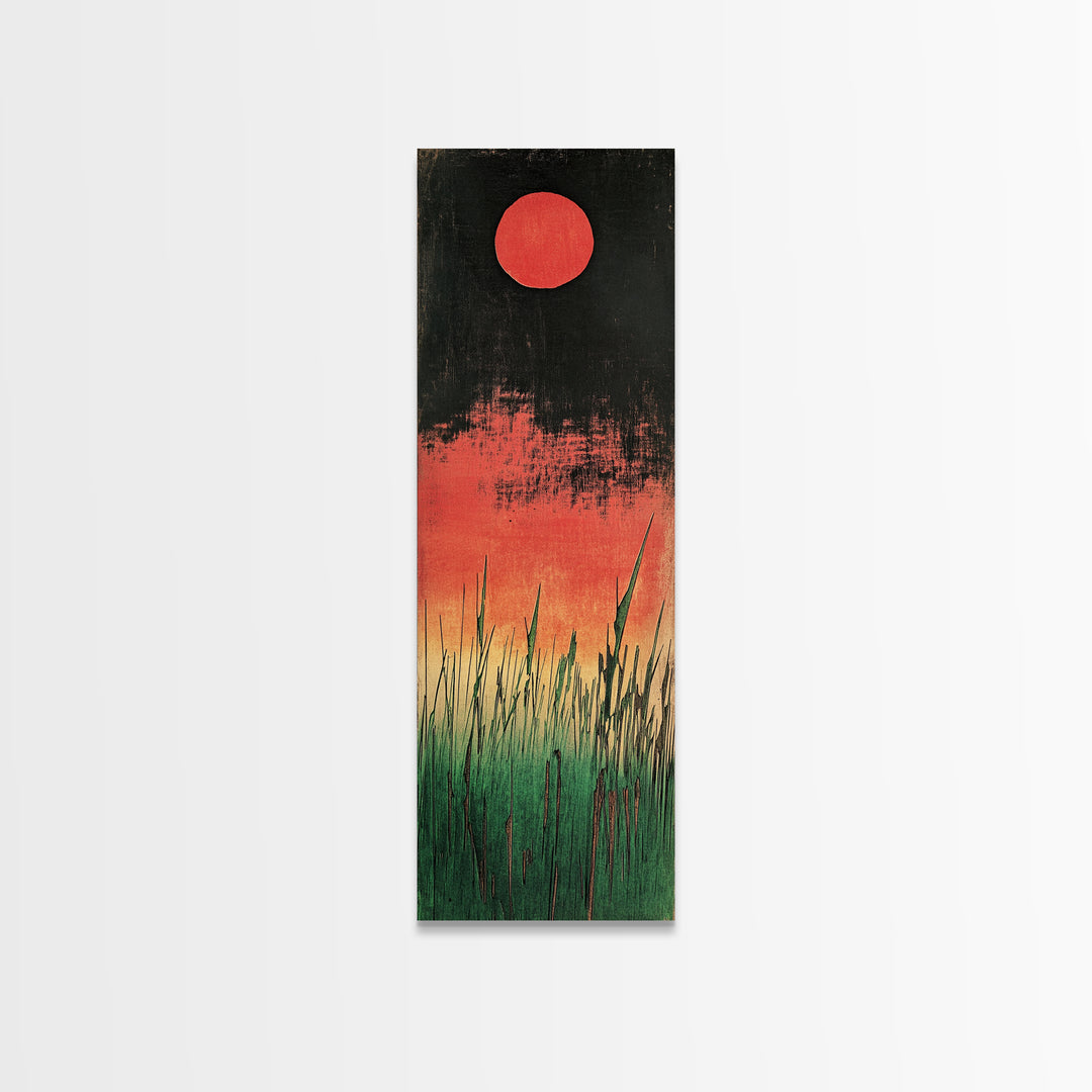 Red Sun Marsh Grass Canvas Print, Japanese Inspired Landscape, Moody Black And Green Wall Decor, Modern Nature Wall Art Print