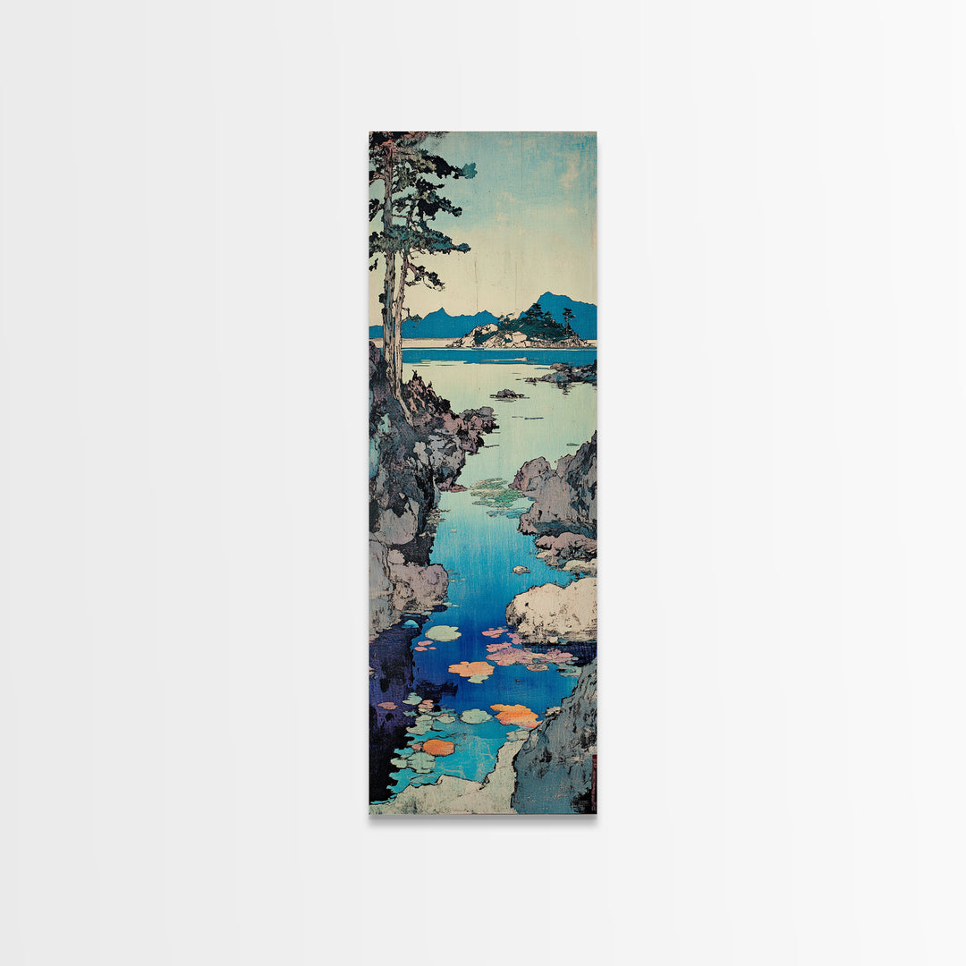 Rocky Coastal Cove Framed Canvas Print, Japanese Landscape Wall Art, Blue Ocean Decor, Serene Living Room Nature Art Print